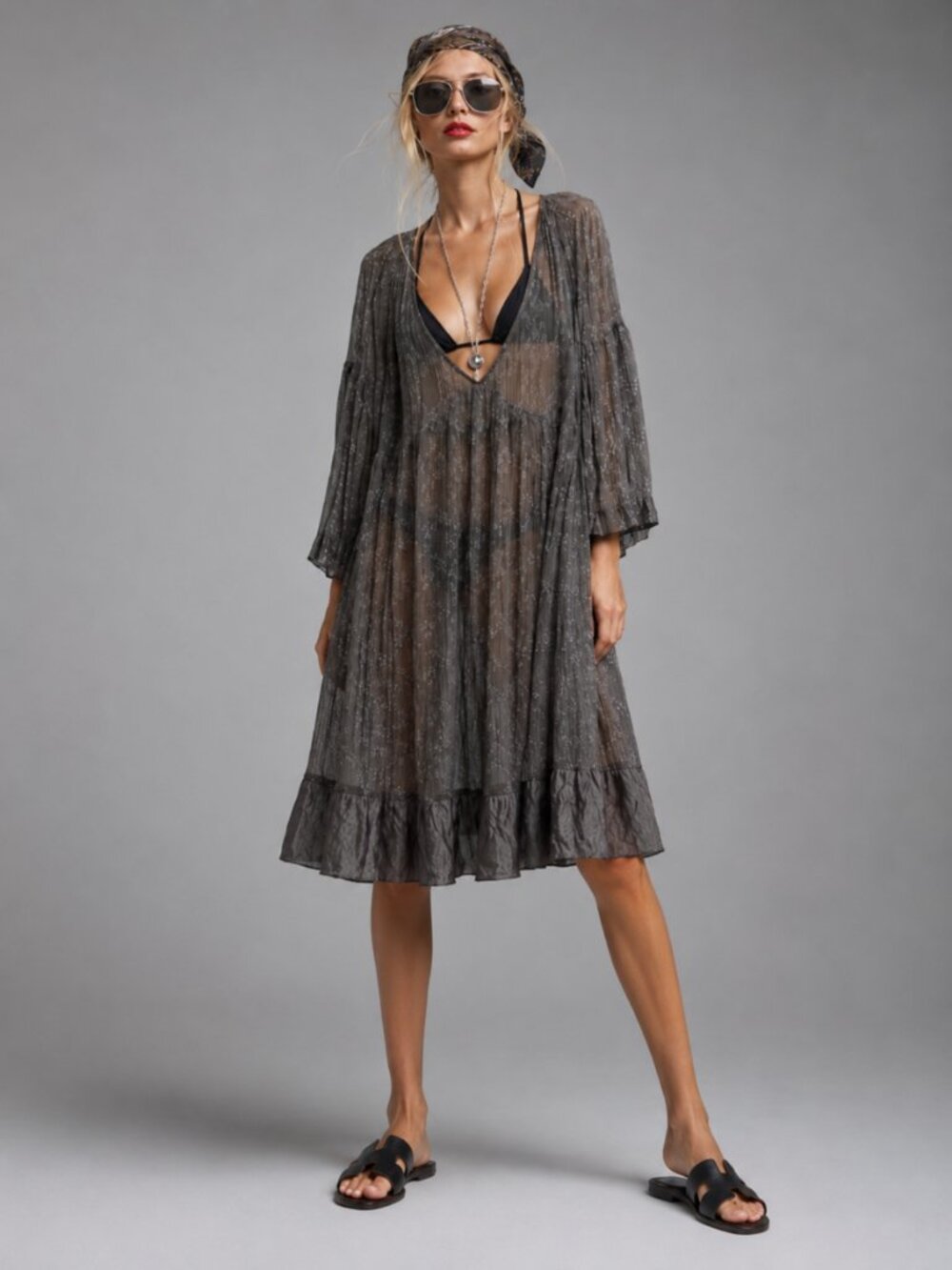 Sheer Gray Crinkled Silk Beach Dress Deep V Ruffle Hem